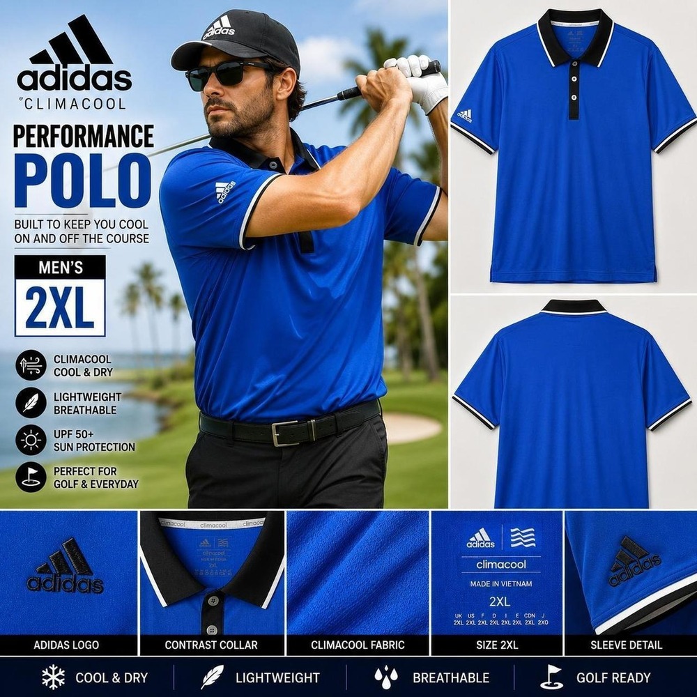 Adidas Climacool Performance Golf Polo Shirt Mens 2XL Blue Black Contrast Trim